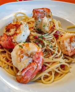 spaghetti, pasta, dish, italian cuisine, food, shrimp, seafood